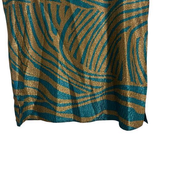 Chico's Travelers Top Sleeveless SZ O Teal Gold Textured Metallic Abstract Shiny - Picture 4 of 9